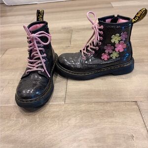 Dr. Martens Black Boots with Floral Design and Pink Laces